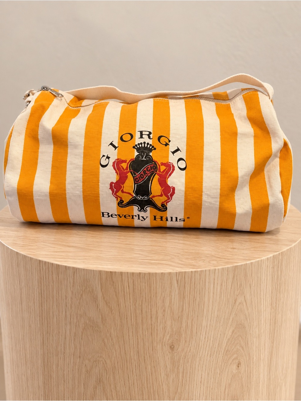 Vintage 80s Giorgio Beverly Hills Yellow Striped Canvas Duffle Bag Travel